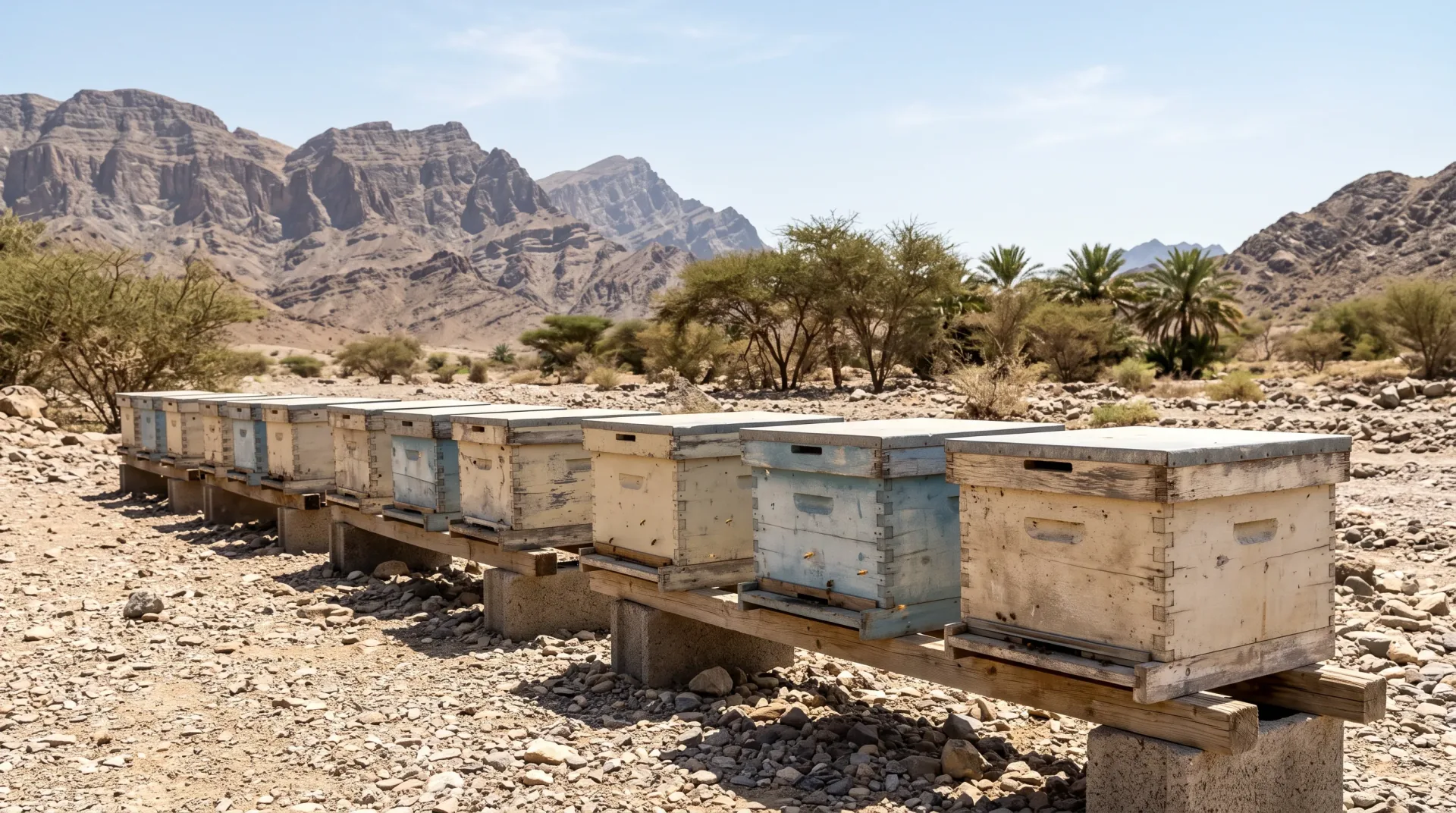 Wooden beehives on stone stands in the Hajar mountains