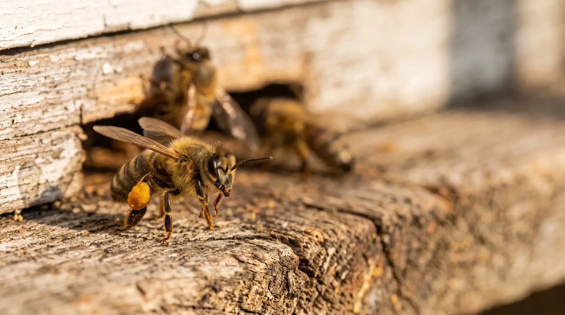 A honeybee carrying pollen at the entrance of a wooden hive