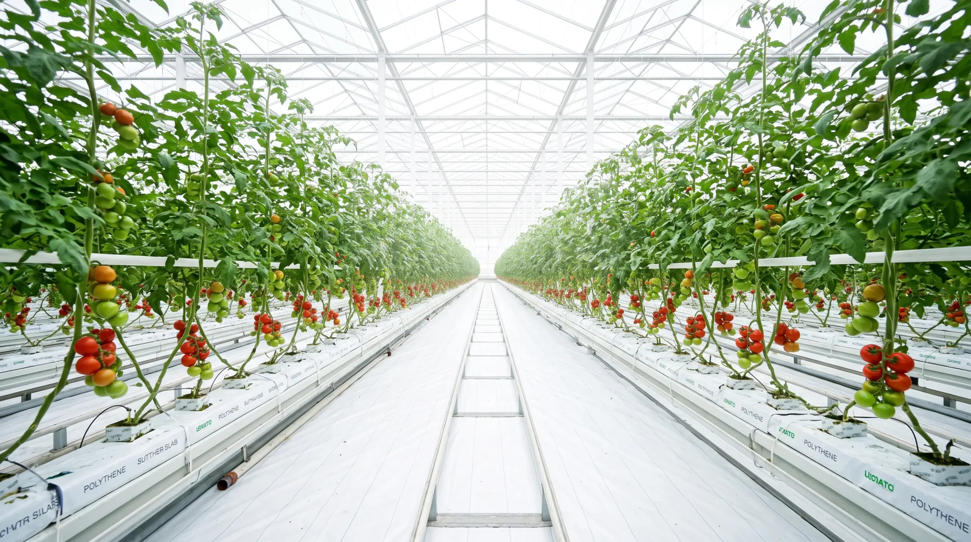 Rows of tomatoes on the high wire inside a modern glasshouse